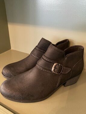 Clarks Black-Dark Brown Leather Ankle Booties with Buckle Accent